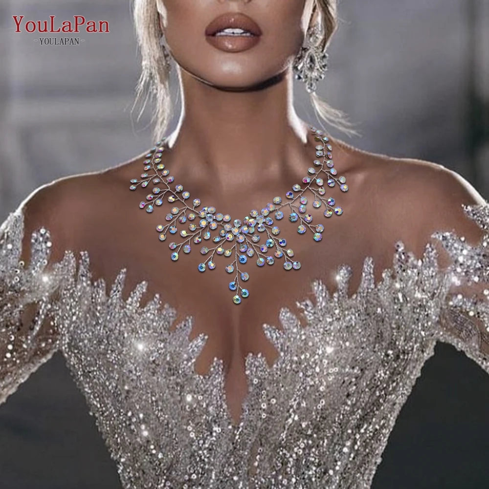 TOPQUEEN HN01 Kristal Sahne ve Gelin Kolyesi – Taşlı Choker Boyun Takısı